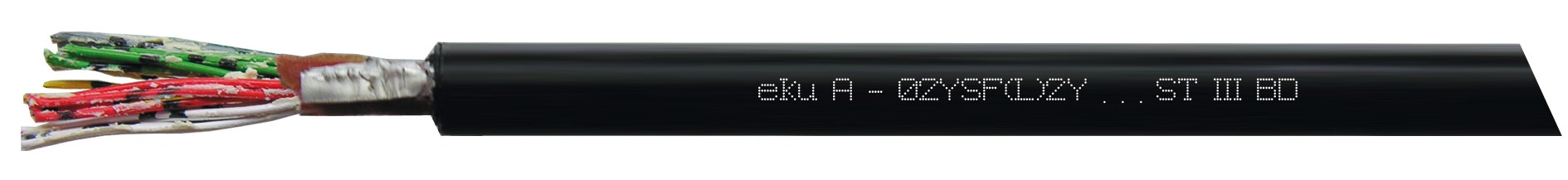 Außenkabel A-02YSF(L)2Y mit schwarzem Außenmantel und farbigen Adern. Ummantellung zum Teil entfernt um Kabelaufbau sichtbar zu machen.