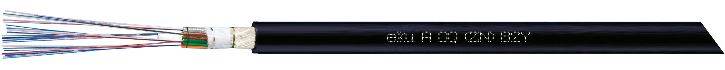 LWL-Außenkabel A-DQ(ZN)B2Y (Minibündel) 3000N_4000N mit schwarzem Außenmantel und farbigen Adern. Ummantelung zum Teil entfernt um Kabelaufbau sichtbar zu machen.