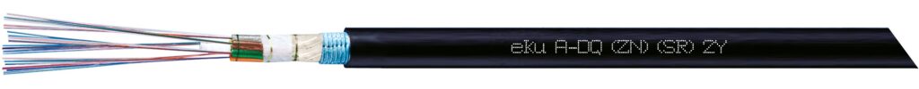 LWL-Außenkabel A-DQ(ZN)(SR)2Y (Minibündel) mit schwarzem Außenmantel und farbigen Adern. Ummantelung zum Teil entfernt um Kabelaufbau sichtbar zu machen.