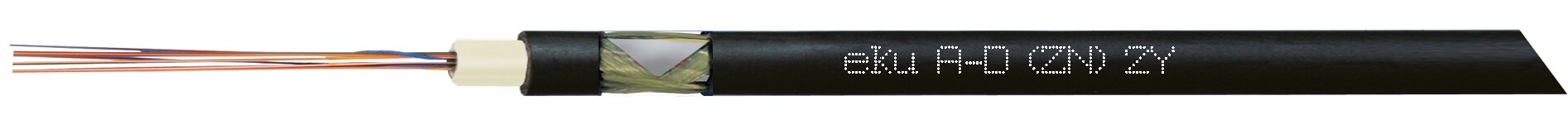 LWL-Außenkabel A-D(ZN)2Y Micro mit schwarzem Außenmantel und farbigen Adern. Ummantelung zum Teil entfernt um Kabelaufbau sichtbar zu machen.