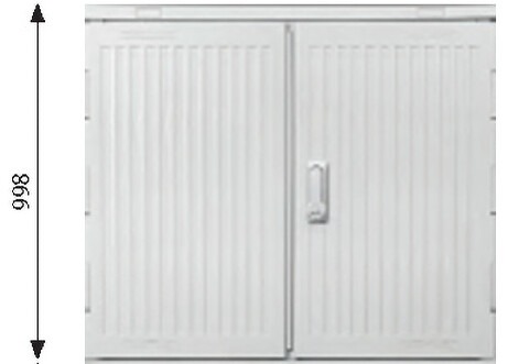 LWL-Kabelverzweiger NVt-11168 in achatgrau aus glasfaserverstärktem Polycarbonat mit geschlossenem Gehäuse und Bemaßung.