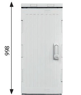LWL-Kabelverzweiger NVt-448 in achatgrau aus glasfaserverstärktem Polycarbonat mit geschlossenem Gehäuse und Bemaßung.