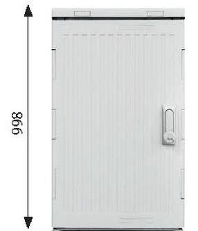 LWL-Kabelverzweiger NVt-672 in achatgrau aus glasfaserverstärktem Polycarbonat mit geschlossenem Gehäuse und Bemaßung.