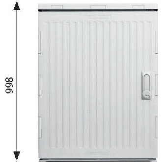 LWL-Kabelverzweiger NVt-896 in achatgrau aus glasfaserverstärktem Polycarbonat mit geschlossenem Gehäuse und Bemaßung.