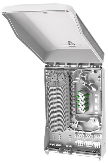 Glasfaser Abschlusspunkt E-Box aus Kunststoff in grau, geöffnetes Gehäuse und unbestückt.