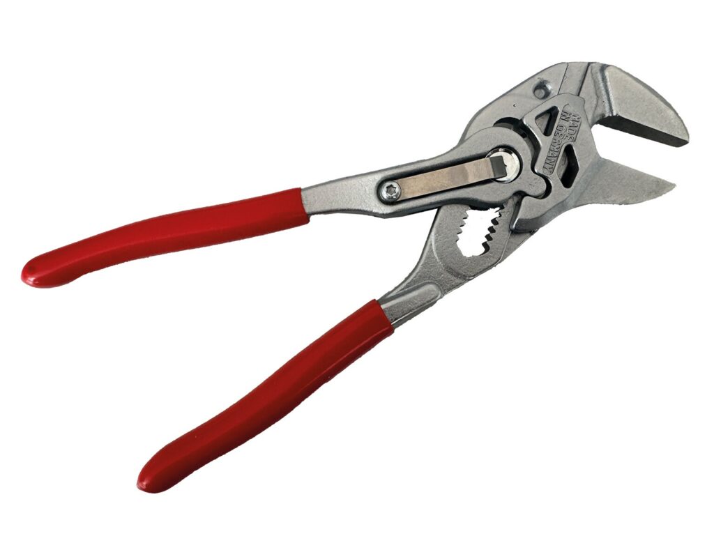 Modulzange zum Verschliessen von E-Stone Module, Parallelzange mit rotem Griffschutz.