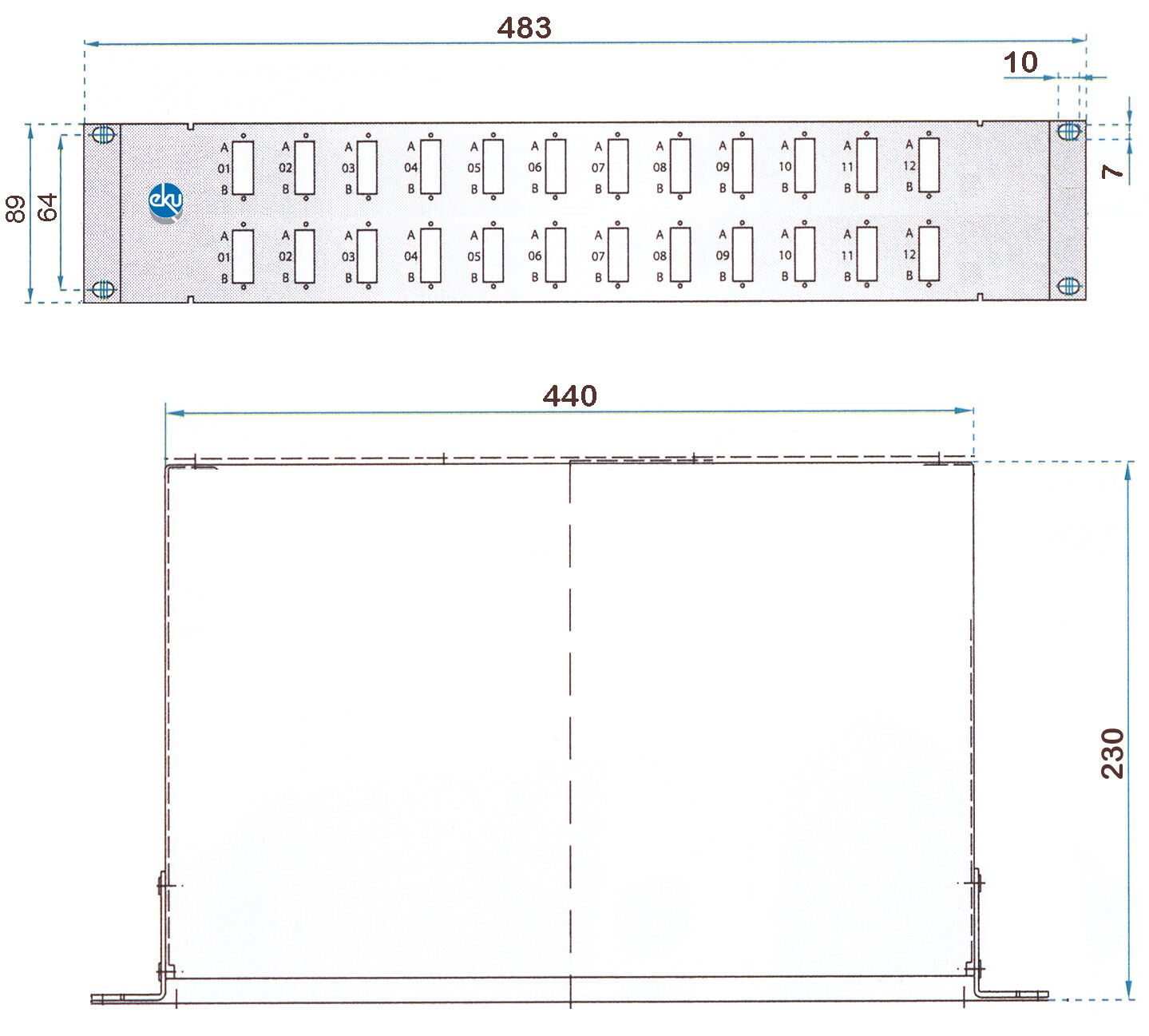 Skizze der zwei Hoeheneinheiten M-easy Spleissbox in Front- und Draufsicht mit Abmessungen.