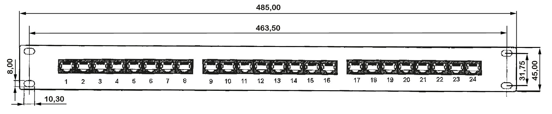 Skizze des EasyLink 10-GbE Patchpanels mit Bemaßung und Nummerierung der Ports.
